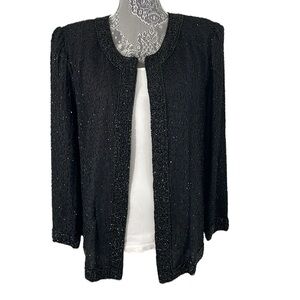 Laurence Kazar Size XL black silk beaded jacket blouse.